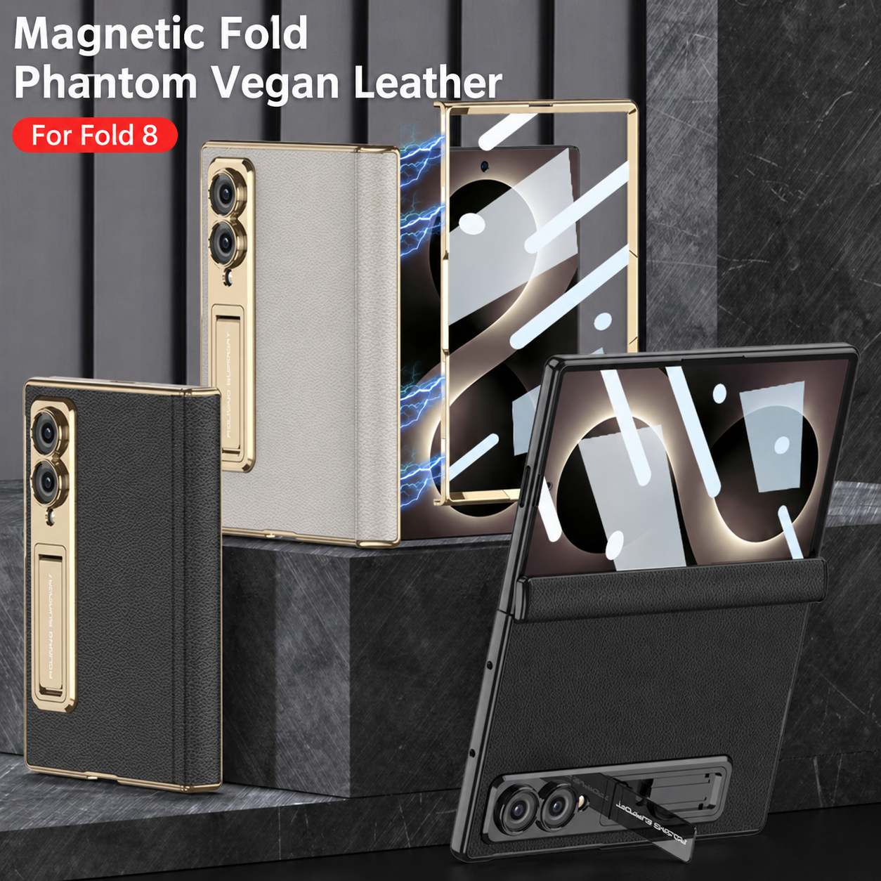 Leather Case For Galaxy Z Fold8/7/6 Wide Ultra – Gold-Finish Frame, Built-In Tempered Glass Film & Hidden Kickstand