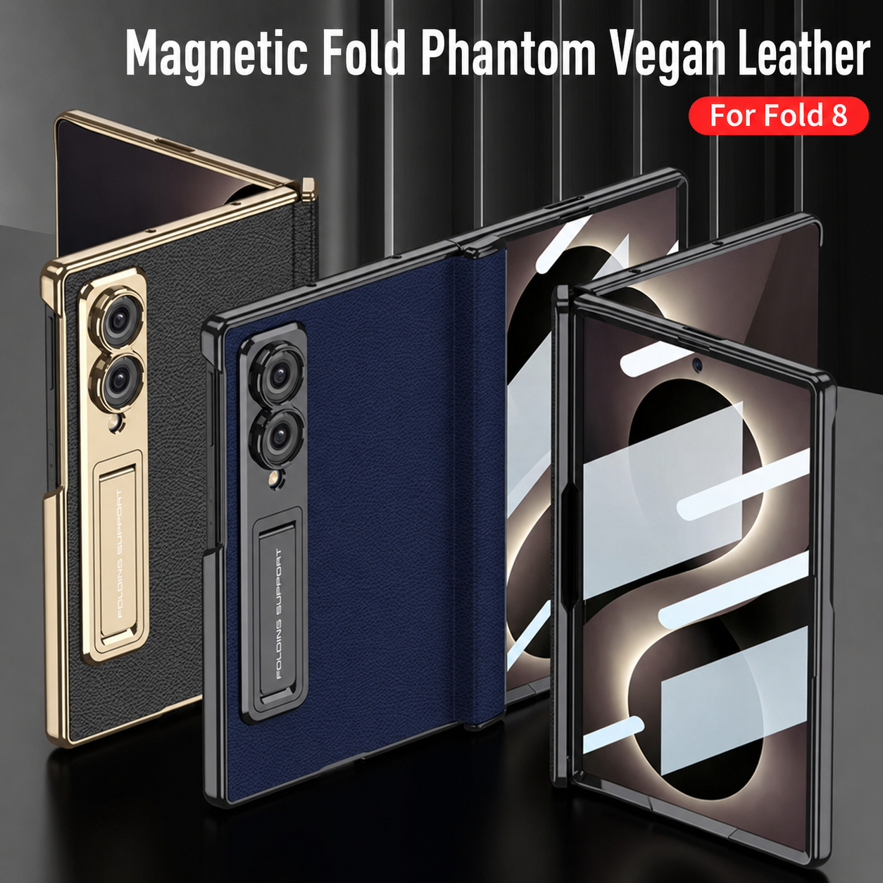 Leather Case For Galaxy Z Fold8/7/6 Wide Ultra – Gold-Finish Frame, Built-In Tempered Glass Film & Hidden Kickstand