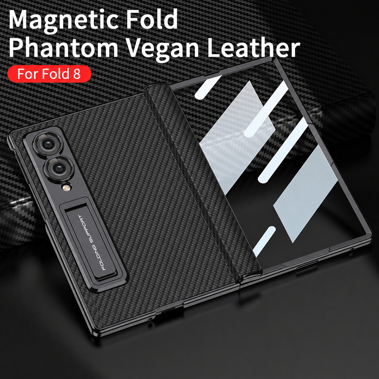 Leather Case For Galaxy Z Fold8/7/6 Wide Ultra – Gold-Finish Frame, Built-In Tempered Glass Film & Hidden Kickstand