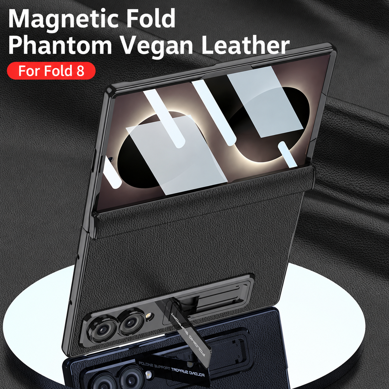 Leather Case For Galaxy Z Fold8/7/6 Wide Ultra – Gold-Finish Frame, Built-In Tempered Glass Film & Hidden Kickstand