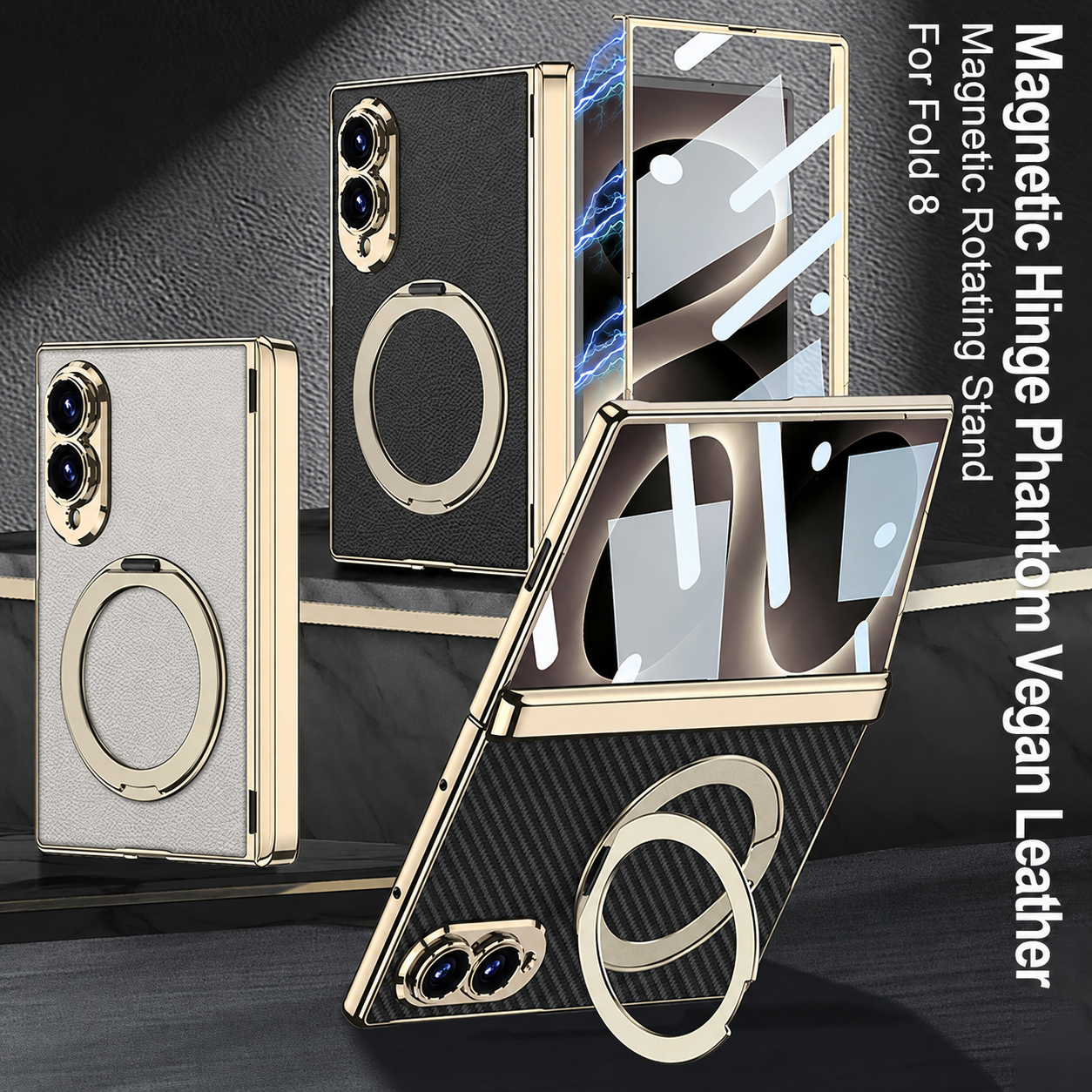 Luxurious Leather Golden Plating Phone Case with Built-In Tempered Glass & Magnetic Bracket For  Galaxy Z Fold 8/7 Wide Ultra