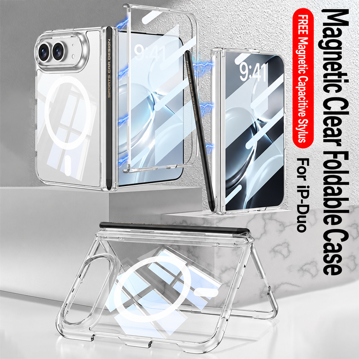 iPhone Duo - Magnetic Hinge Protection Clear Cover Built-in Tempered Glass Film & Magnetic Stylus