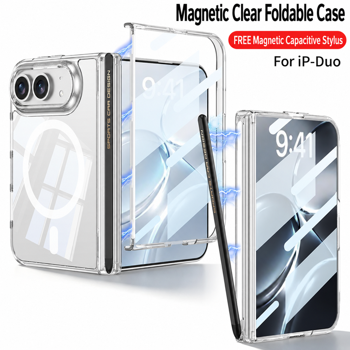 iPhone Duo - Magnetic Hinge Protection Clear Cover Built-in Tempered Glass Film & Magnetic Stylus