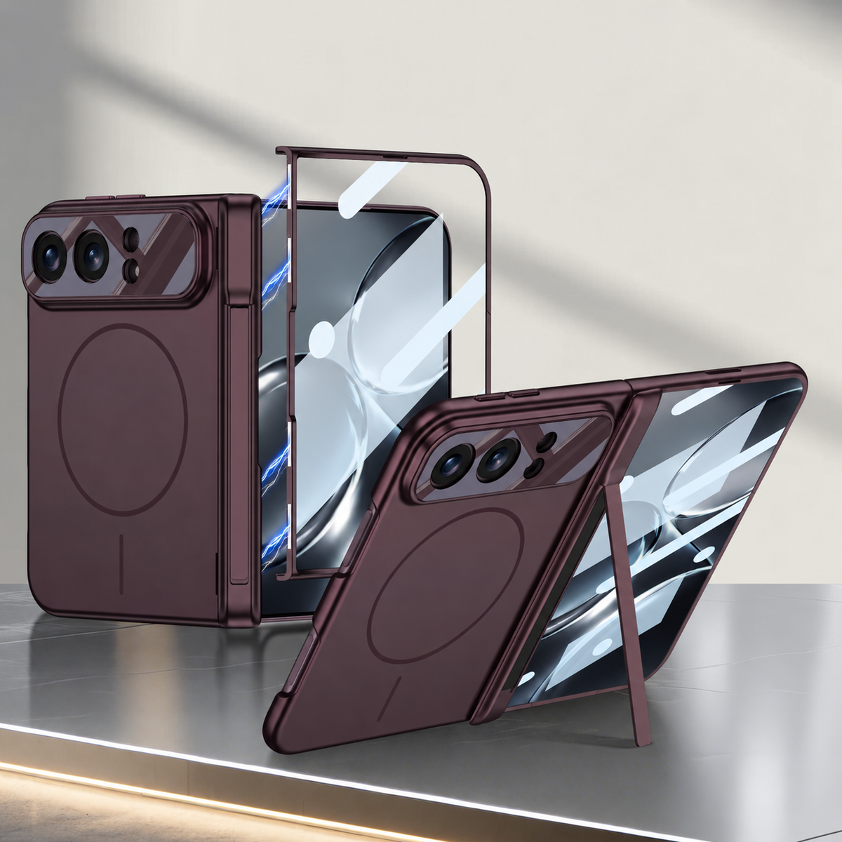 iPhone Duo | Magnetic Hinge Protection Phone Case Built-in Tempered Glass Film & Hinge Kickstand & Magnetic Ring