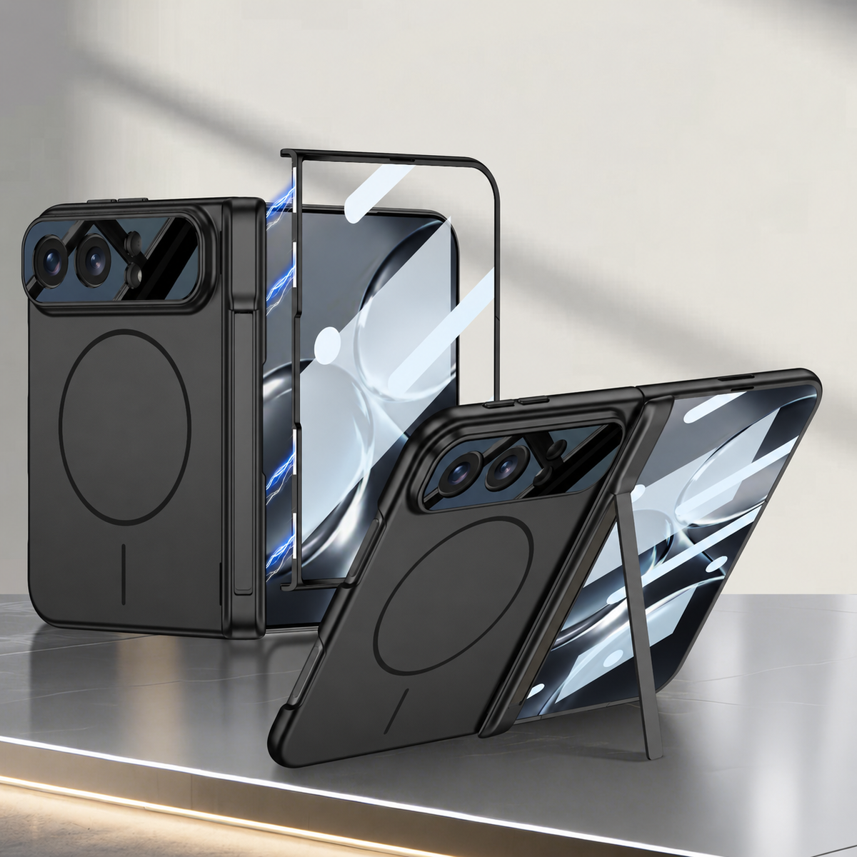iPhone Duo | Magnetic Hinge Protection Phone Case Built-in Tempered Glass Film & Hinge Kickstand & Magnetic Ring