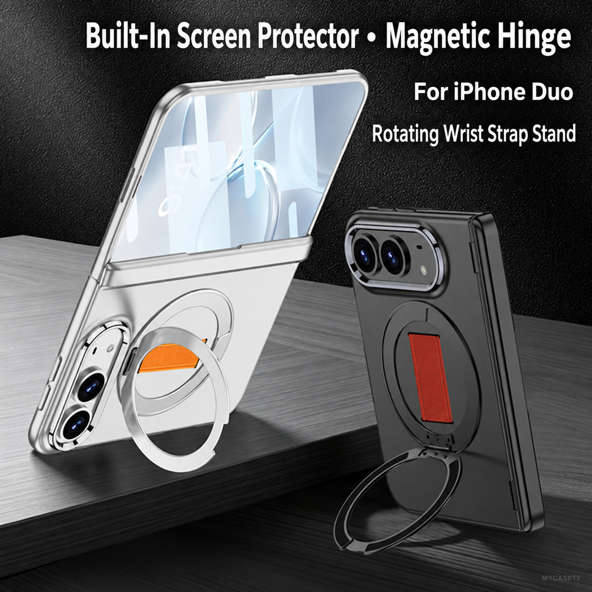 iPhone Duo - Magnetic Hinge Protection Fashion Cover Built-in Tempered Glass Film & Magnetic Kickstand & Finger Wristband