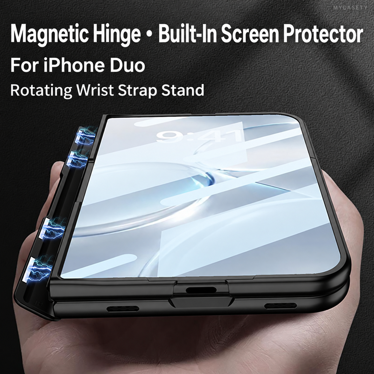 iPhone Duo - Magnetic Hinge Protection Fashion Cover Built-in Tempered Glass Film & Magnetic Kickstand & Finger Wristband