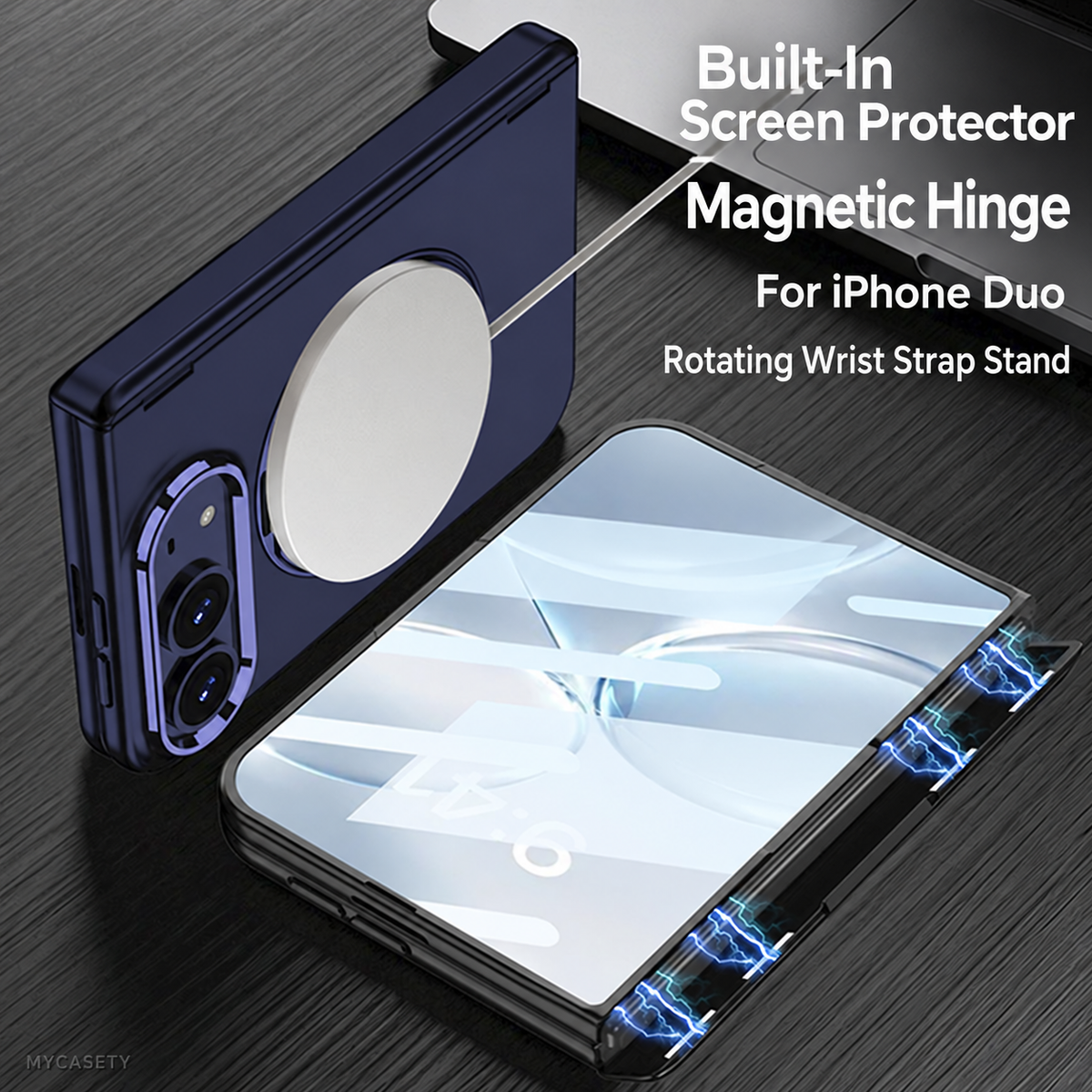 iPhone Duo - Magnetic Hinge Protection Fashion Cover Built-in Tempered Glass Film & Magnetic Kickstand & Finger Wristband