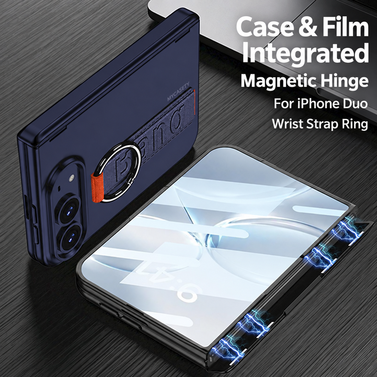 iPhone Duo - Magnetic Hinge Protection Cover Built-in Tempered Glass Film & Wrist Strap with Finger Ring Grip