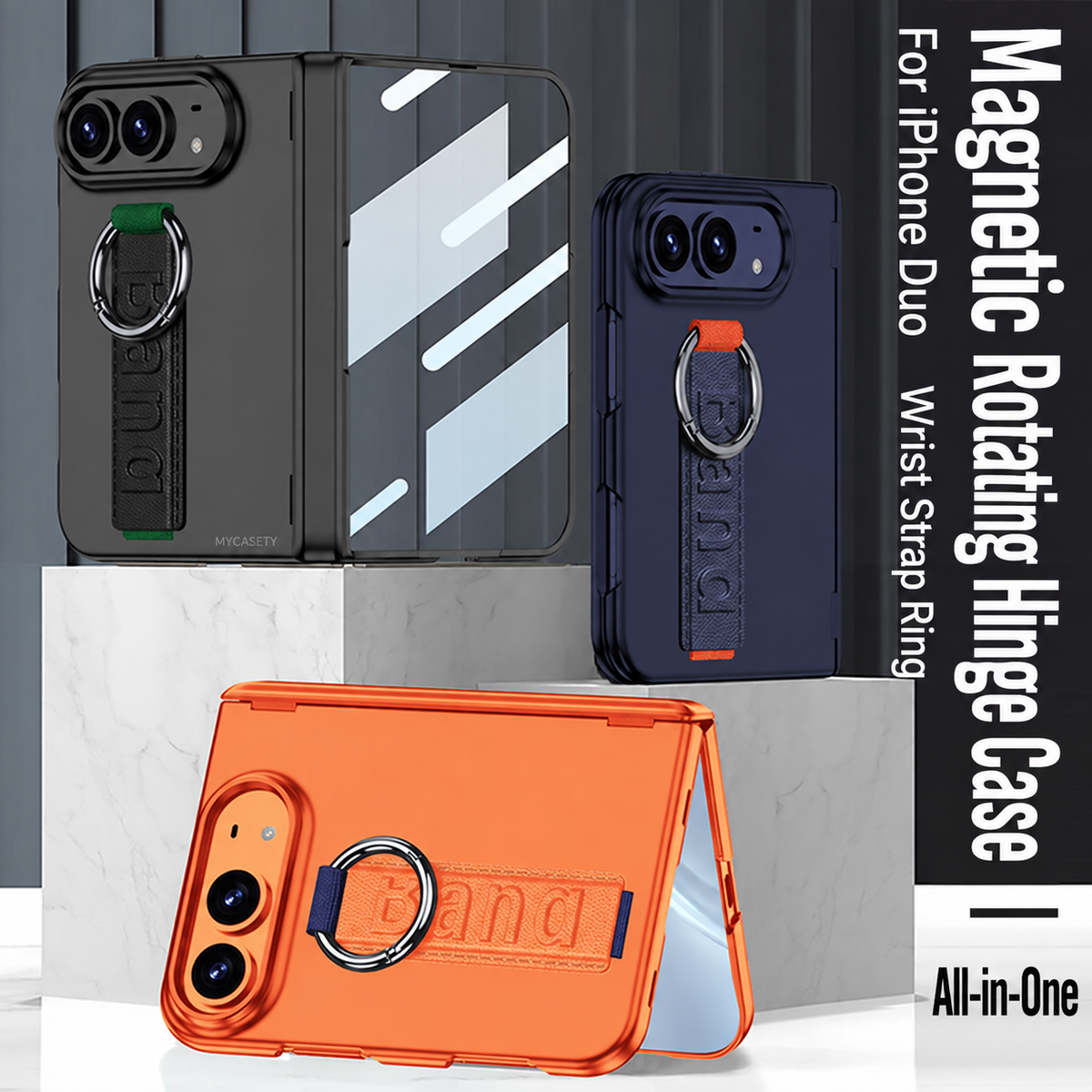 iPhone Duo - Magnetic Hinge Protection Cover Built-in Tempered Glass Film & Wrist Strap with Finger Ring Grip