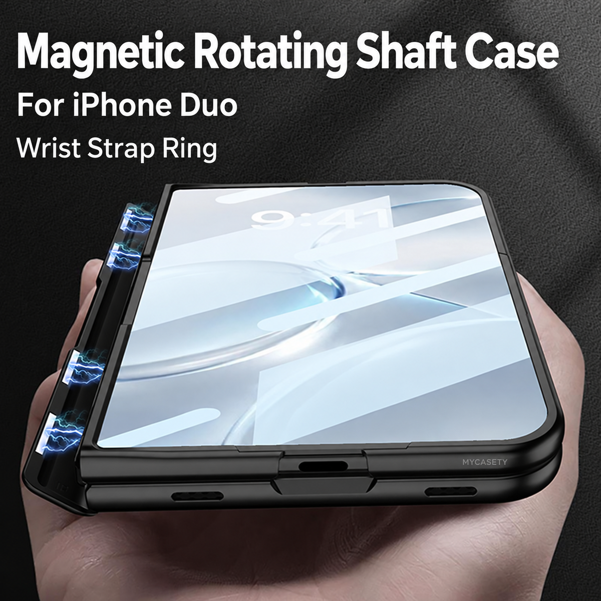 iPhone Duo - Magnetic Hinge Protection Cover Built-in Tempered Glass Film & Wrist Strap with Finger Ring Grip