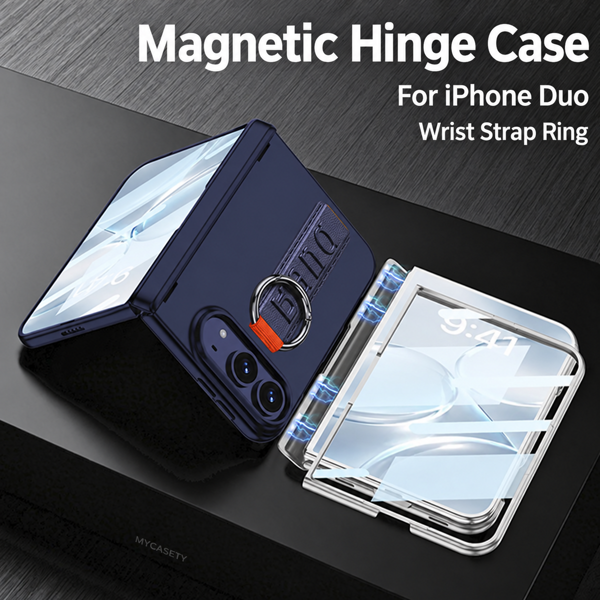 iPhone Duo - Magnetic Hinge Protection Cover Built-in Tempered Glass Film & Wrist Strap with Finger Ring Grip