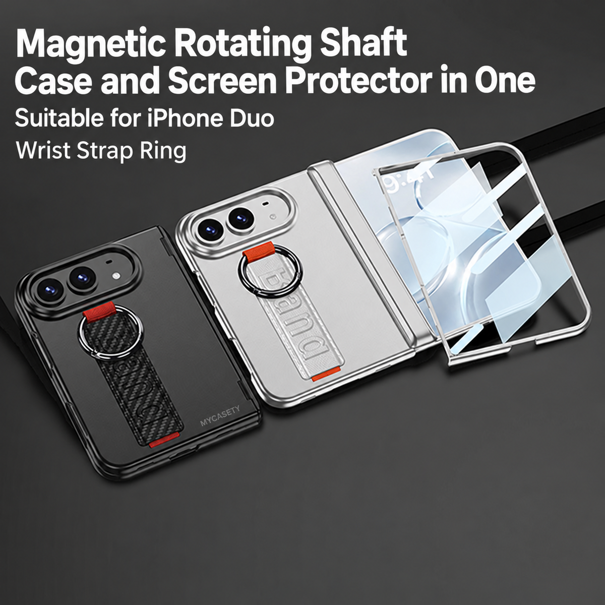 iPhone Duo - Magnetic Hinge Protection Cover Built-in Tempered Glass Film & Wrist Strap with Finger Ring Grip