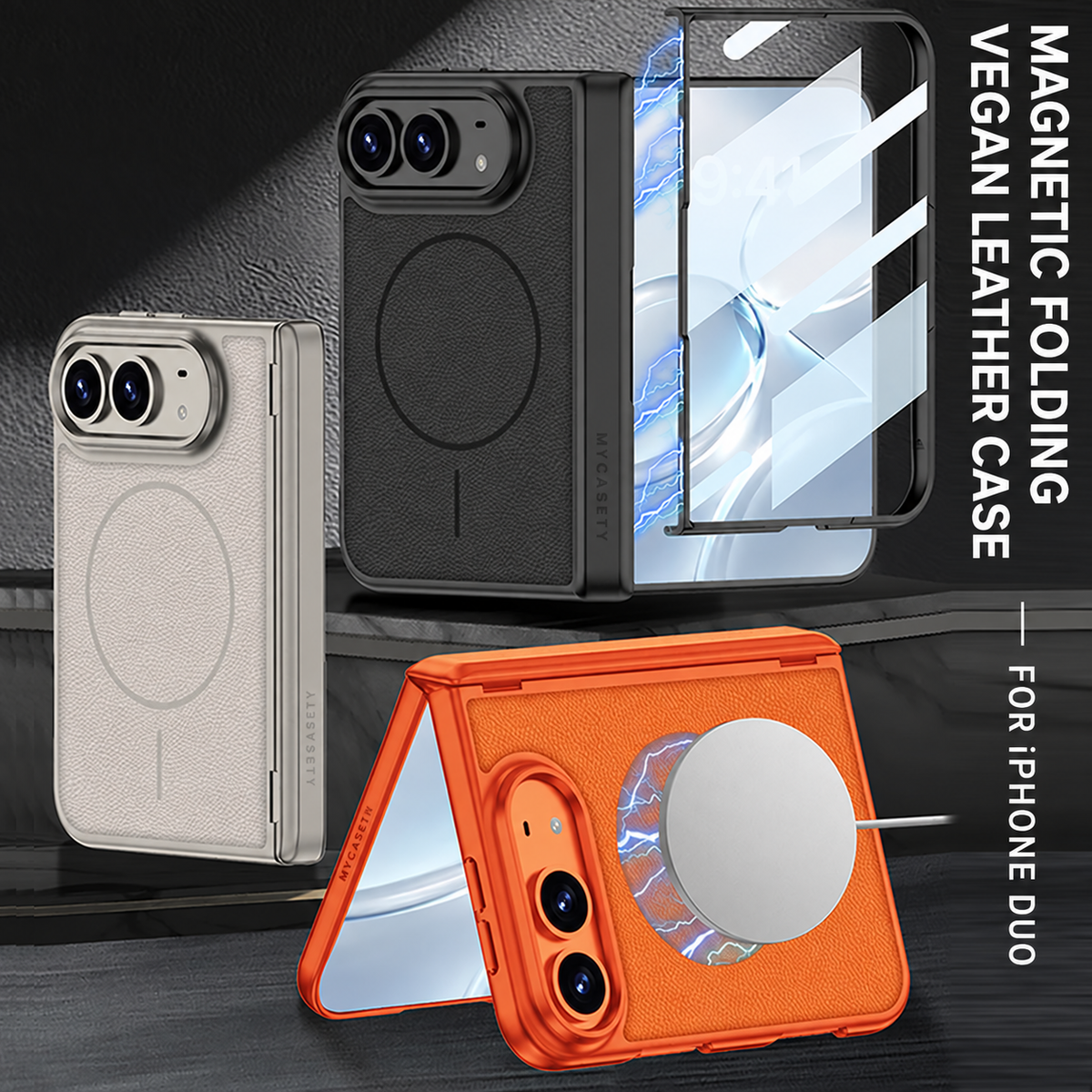 iPhone Duo - Magnetic Hinge Protection Leather Cover Built-in Tempered Glass Film & Magnetic Ring