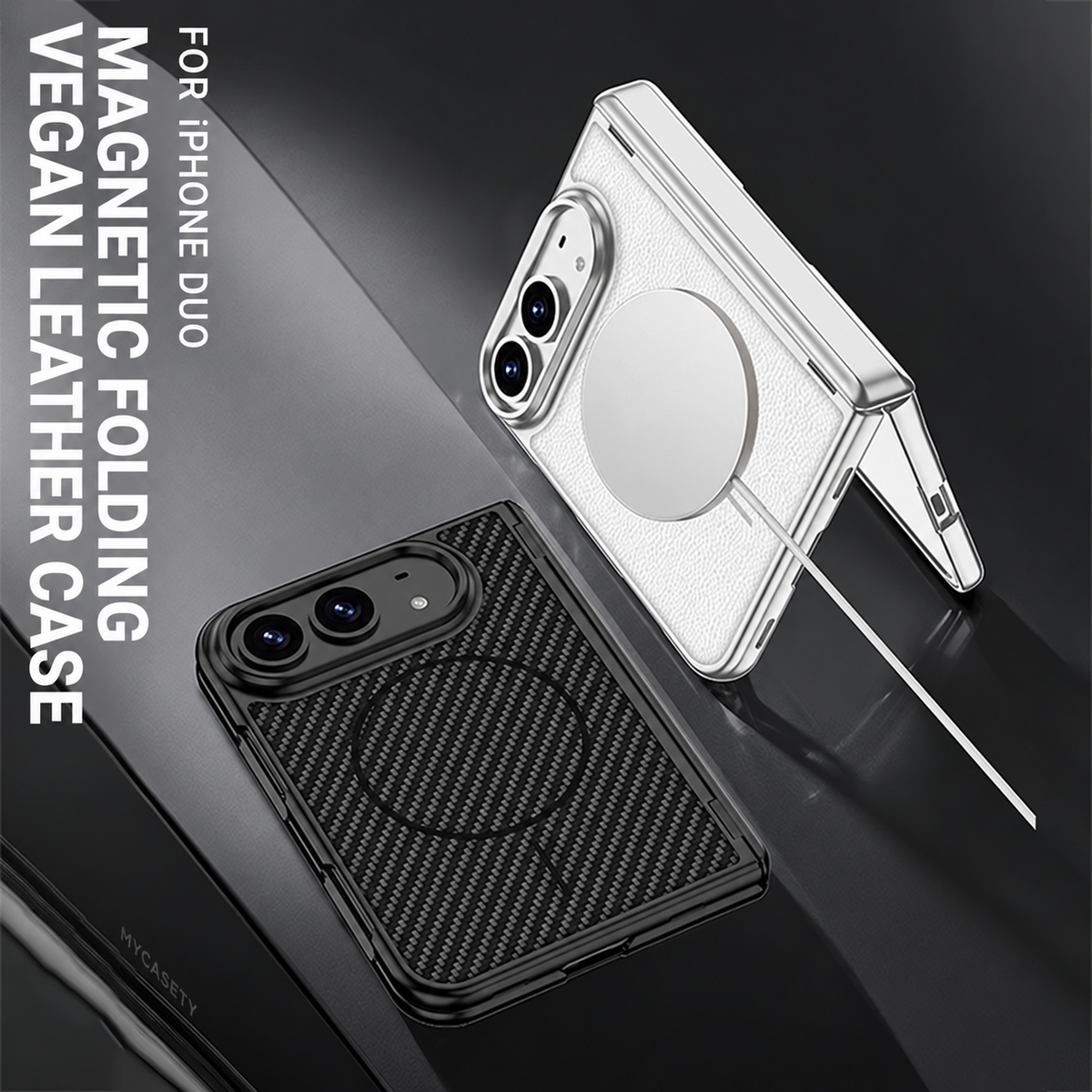 iPhone Duo - Magnetic Hinge Protection Leather Cover Built-in Tempered Glass Film & Magnetic Ring