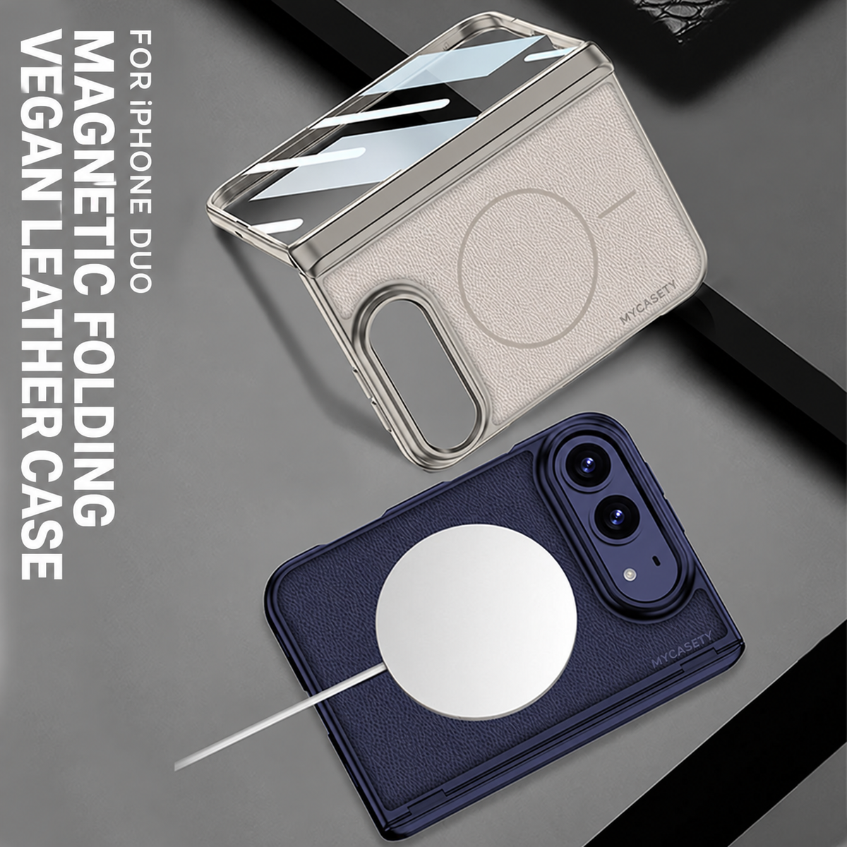 iPhone Duo - Magnetic Hinge Protection Leather Cover Built-in Tempered Glass Film & Magnetic Ring