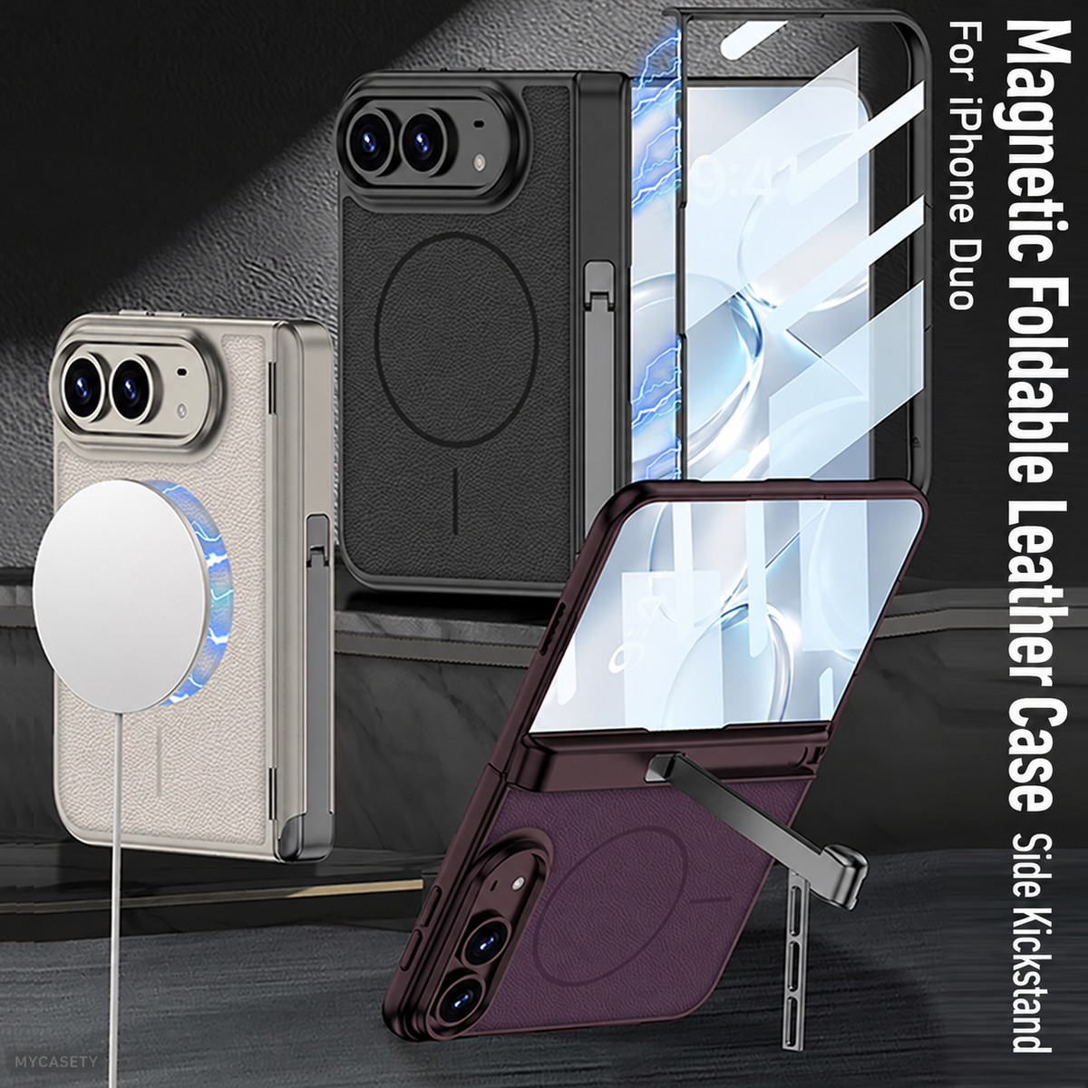 iPhone Duo - Magnetic Hinge Protection Leather Cover Built-in Tempered Glass Film & Tri‑Fold Kickstand & Magnetic Ring
