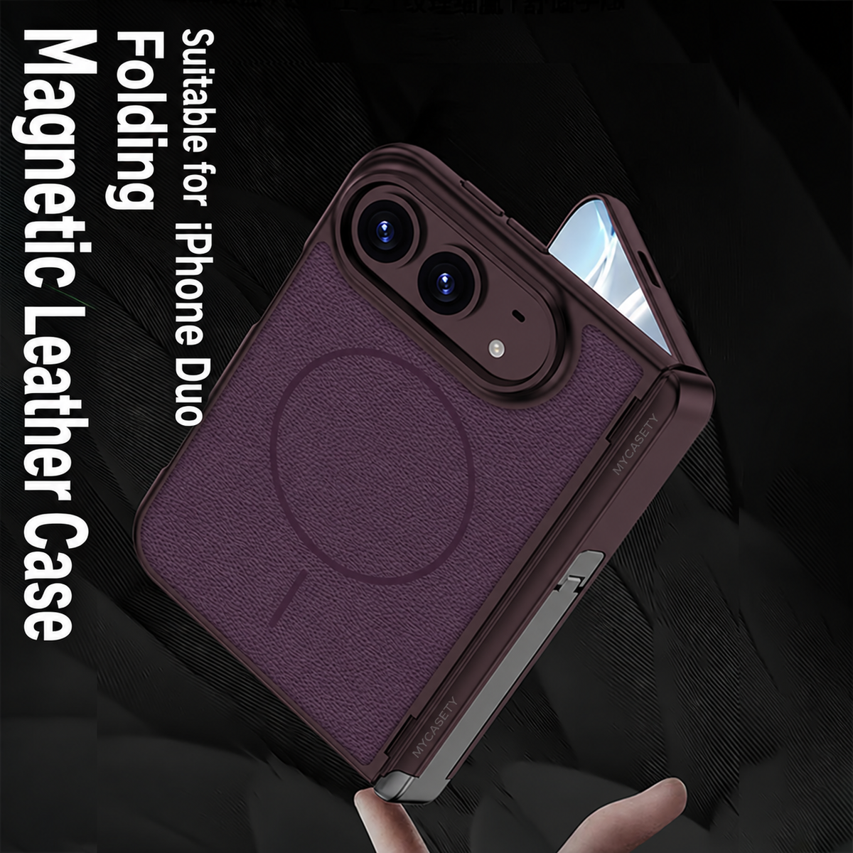 iPhone Duo - Magnetic Hinge Protection Leather Cover Built-in Tempered Glass Film & Tri‑Fold Kickstand & Magnetic Ring