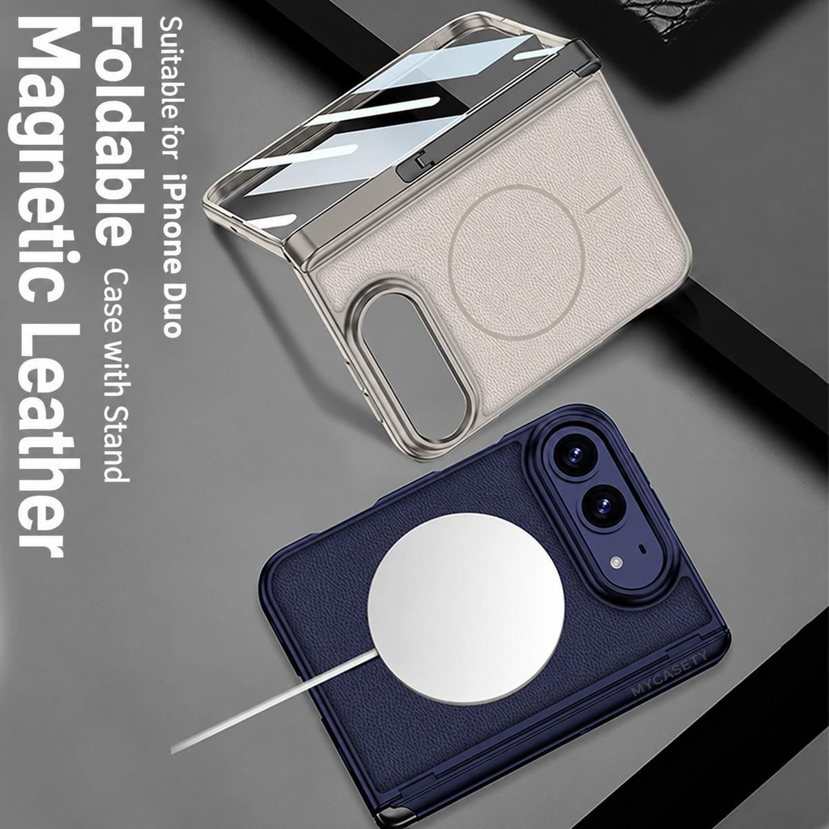 iPhone Duo - Magnetic Hinge Protection Leather Cover Built-in Tempered Glass Film & Tri‑Fold Kickstand & Magnetic Ring