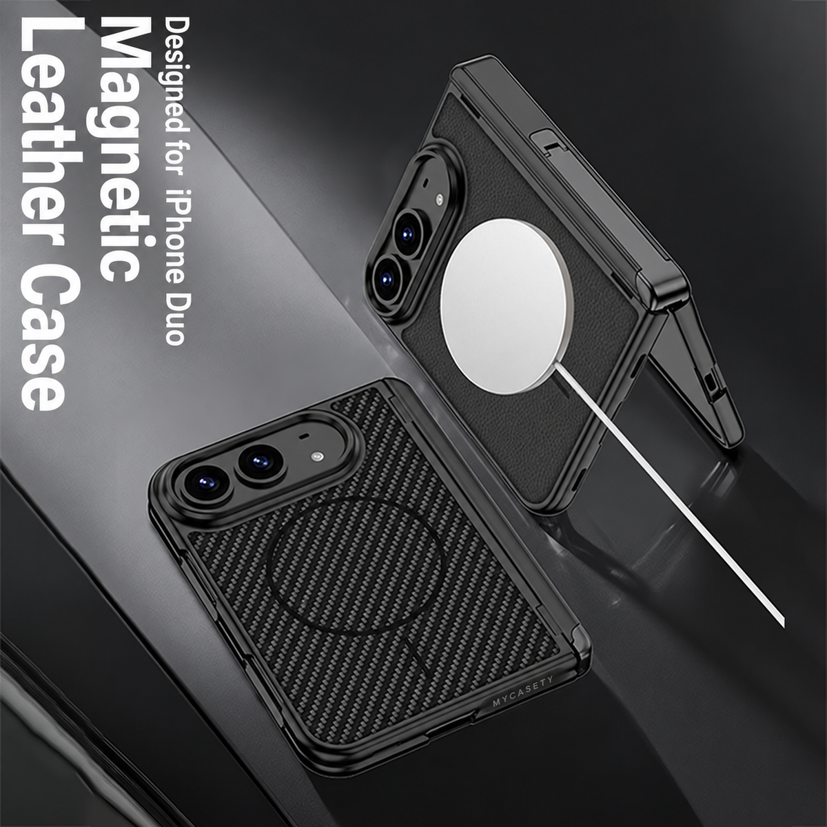 iPhone Duo - Magnetic Hinge Protection Leather Cover Built-in Tempered Glass Film & Tri‑Fold Kickstand & Magnetic Ring