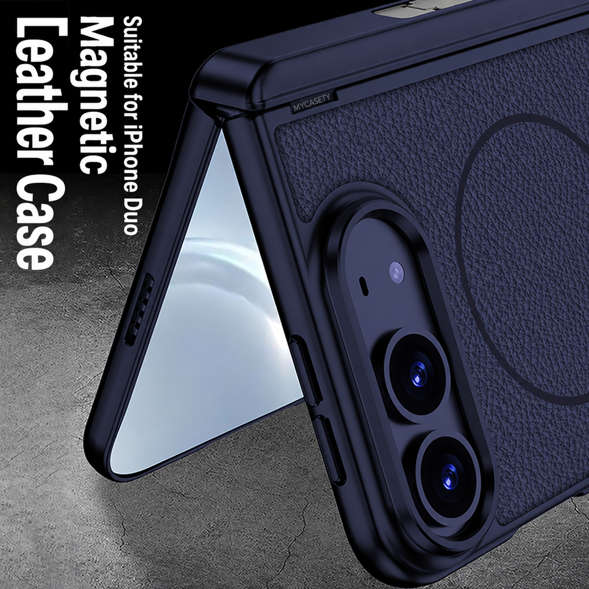 iPhone Duo - Magnetic Hinge Protection Leather Cover Built-in Tempered Glass Film & Tri‑Fold Kickstand & Magnetic Ring