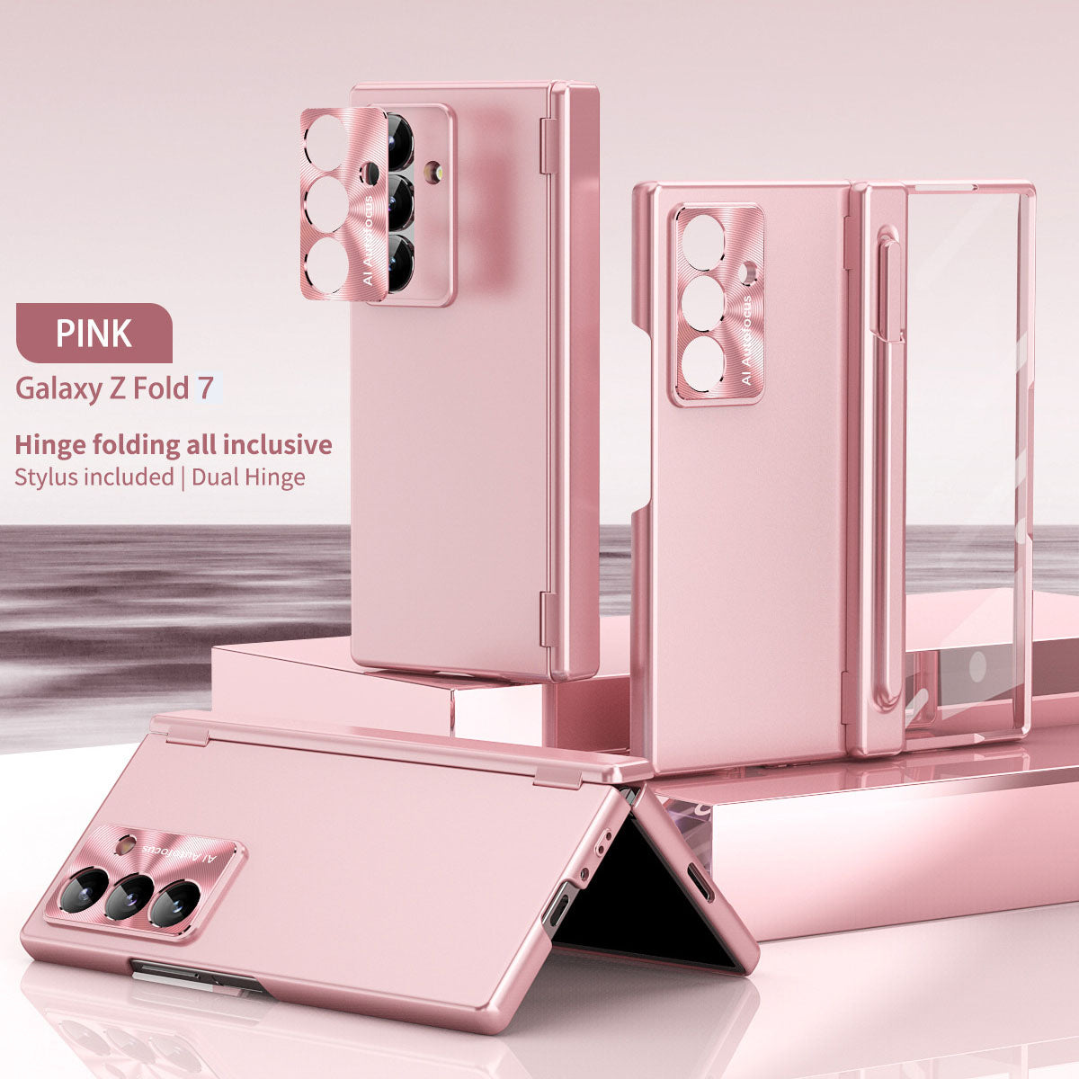 Electroplated Folding Case For Galaxy Z Fold 7/6/5/4/3 With Double Hinge Protector and Free Stylus
