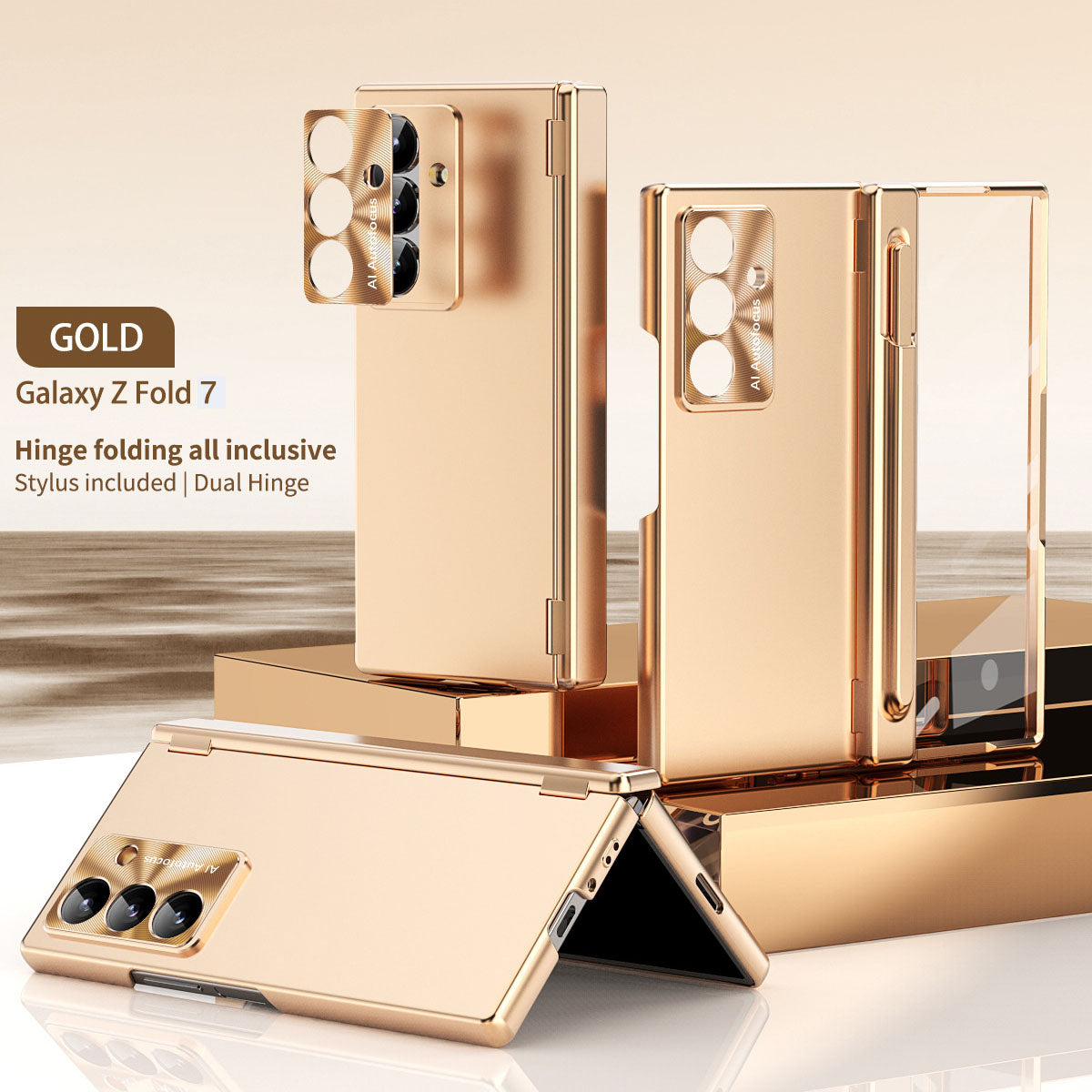 Electroplated Folding Case For Galaxy Z Fold 7/6/5/4/3 With Double Hinge Protector and Free Stylus