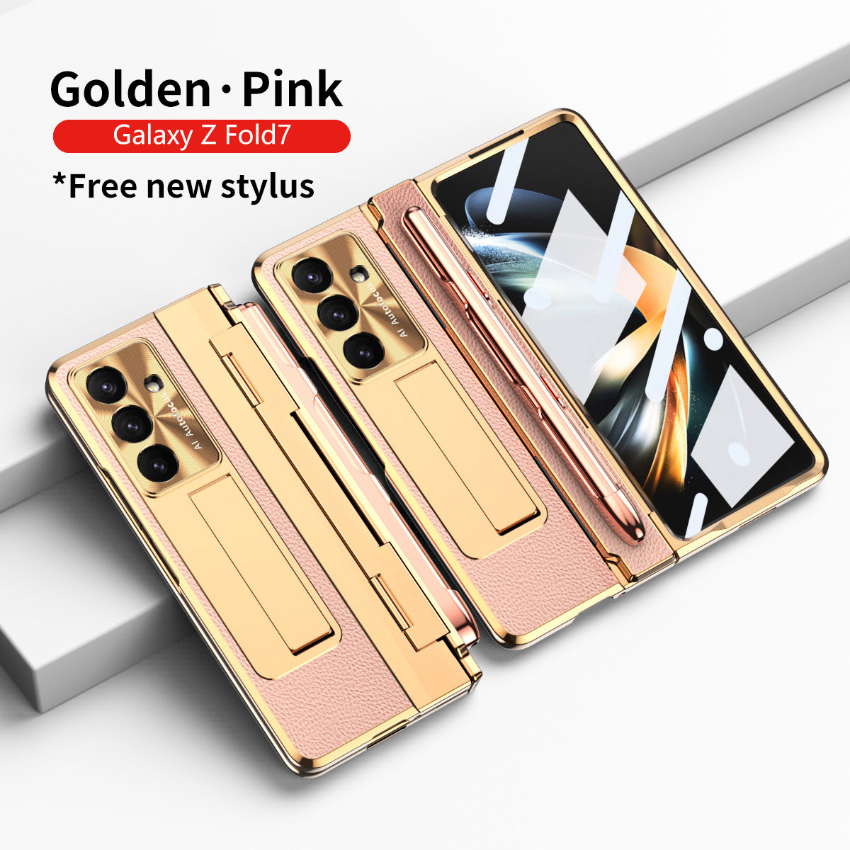Luxury Leather Magnetic Bracket Shell Electroplated Phone Case For Galaxy Z Fold 7/6/5/4/3 With Back Screen Glass