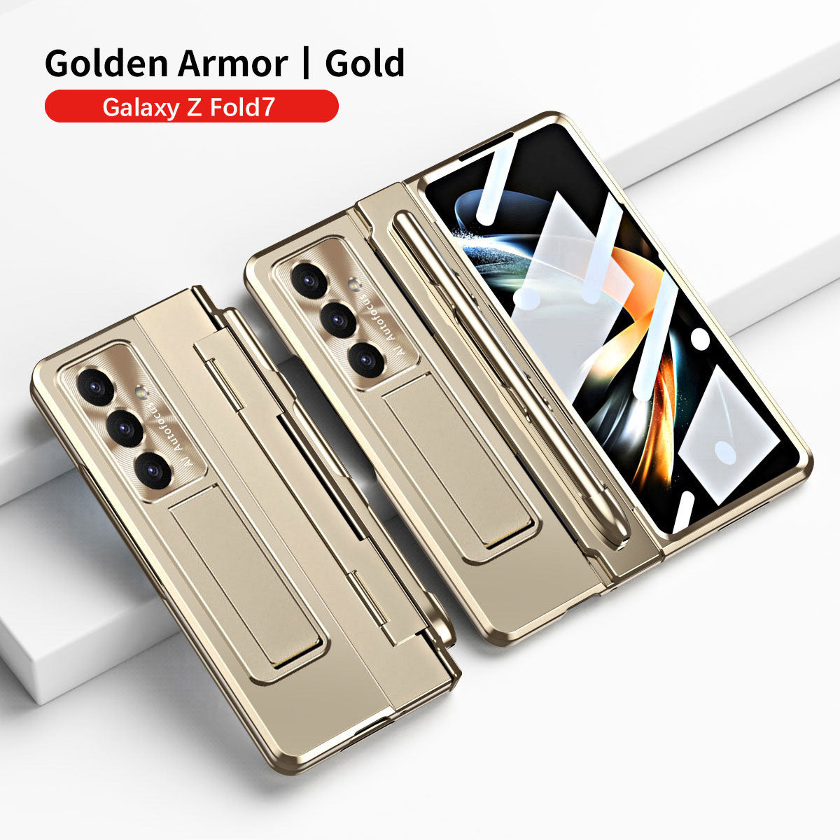 Golden Armor Hinge Magnetic Bracket Protective Phone Case With Front Protection Film For Galaxy Z Fold 7/6/5/4/3