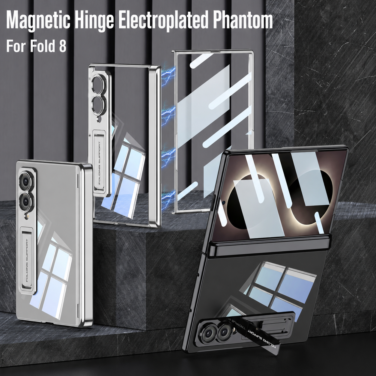 Magnetic Hinge Protective Clear Phone Case with Built-In Tempered Glass & Bracket For Galaxy Z Fold 8/7/6/5 Wide Ultra