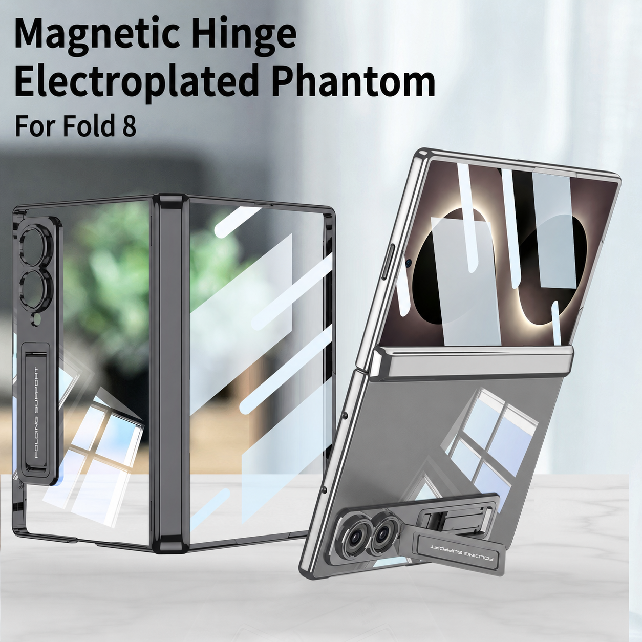 Magnetic Hinge Protective Clear Phone Case with Built-In Tempered Glass & Bracket For Galaxy Z Fold 8/7/6/5 Wide Ultra