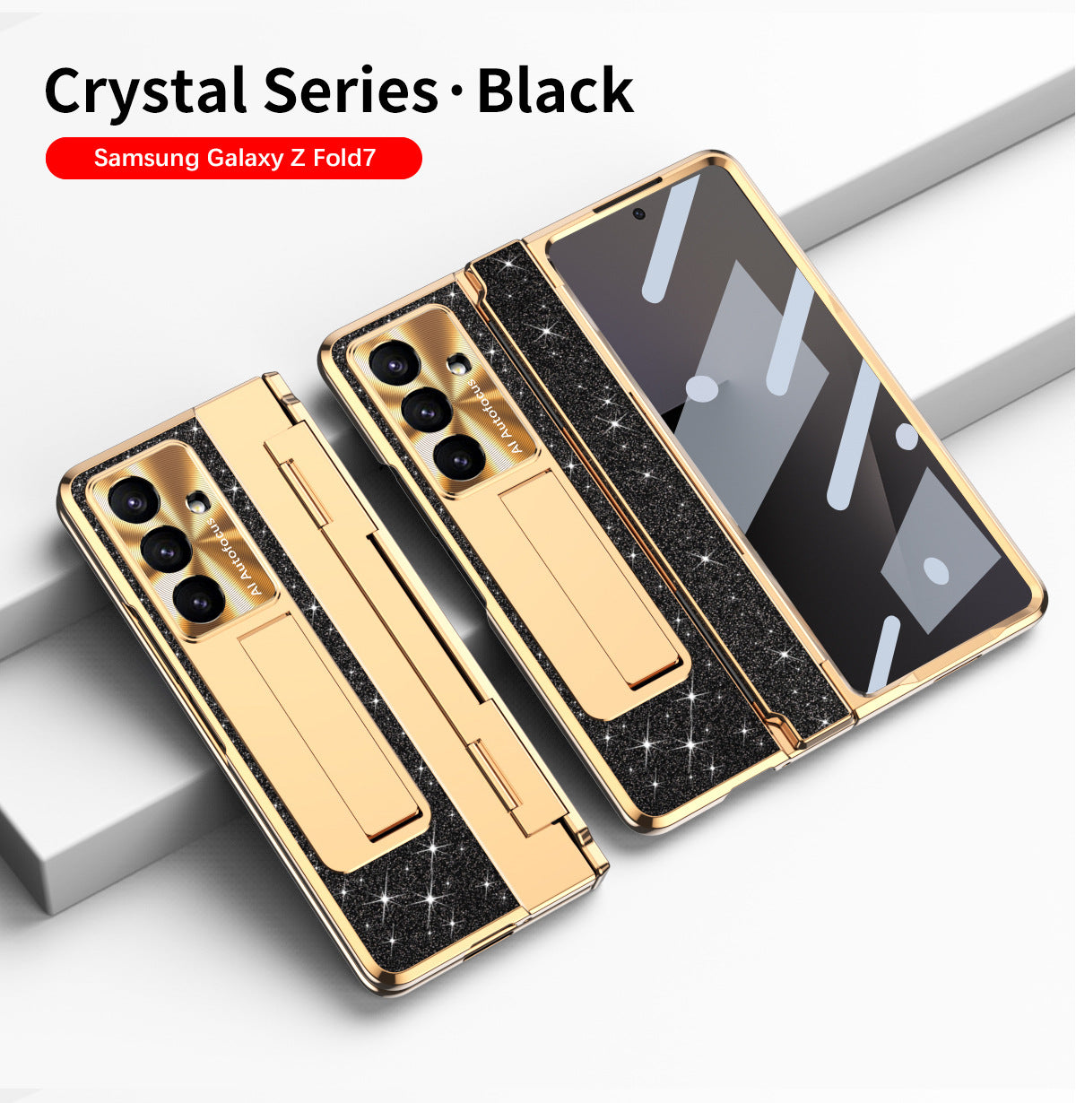 Luxury Crystal Gold Electroplated Shockproof Phone Case With Screen Protector For Galaxy Z Fold 7/6/5/4/3