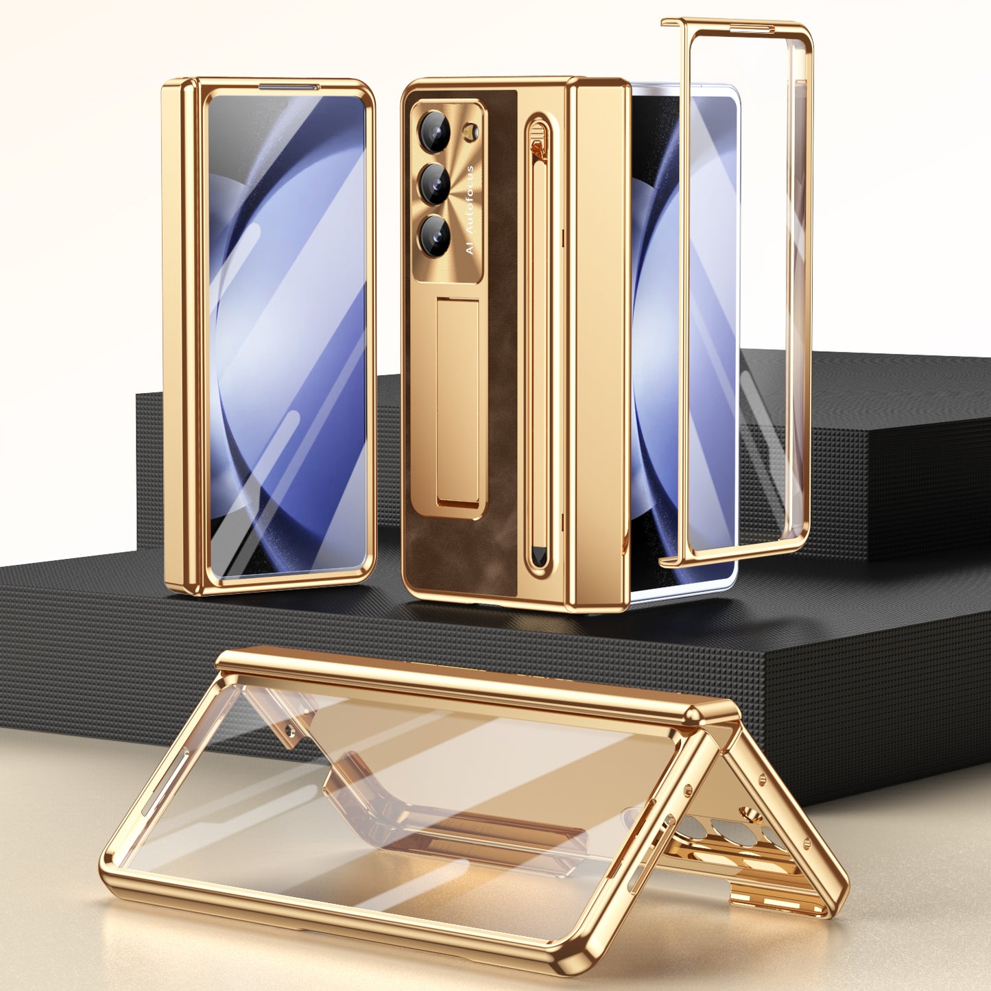 Leather Golden Electroplated Phone Case With Back Screen Glass and Stylus For Galaxy Z Fold 7/6/5/4