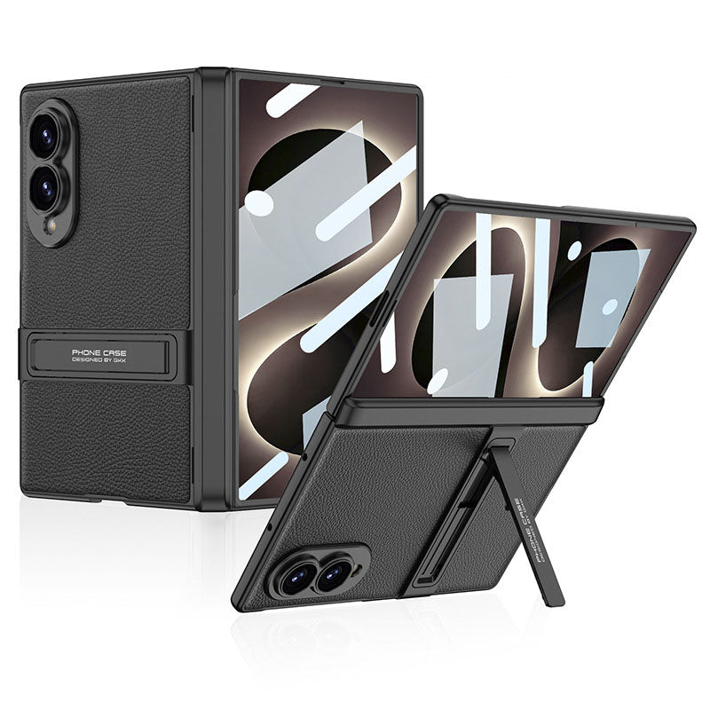 Leather Phone Case For Galaxy Z Fold8/7 Wide Ultra – Built-In Tempered Glass Film & Hidden Kickstand