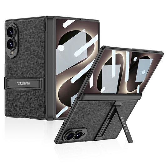 Leather Phone Case For Galaxy Z Fold8/7 Wide Ultra – Built-In Tempered Glass Film & Hidden Kickstand