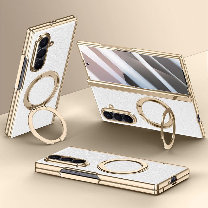 Luxurious Leather Golden Plating Phone Case with Built-In Tempered Glass & Magnetic Bracket For  Galaxy Z Fold 8/7 Wide Ultra