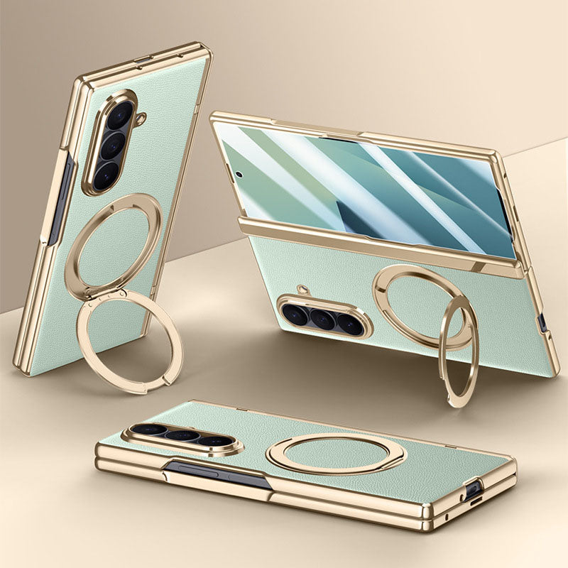 Luxurious Leather Golden Plating Phone Case with Built-In Tempered Glass & Magnetic Bracket For  Galaxy Z Fold 8/7 Wide Ultra