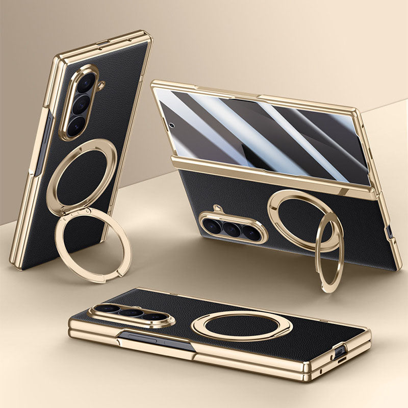 Luxurious Leather Golden Plating Phone Case with Built-In Tempered Glass & Magnetic Bracket For  Galaxy Z Fold 8/7 Wide Ultra