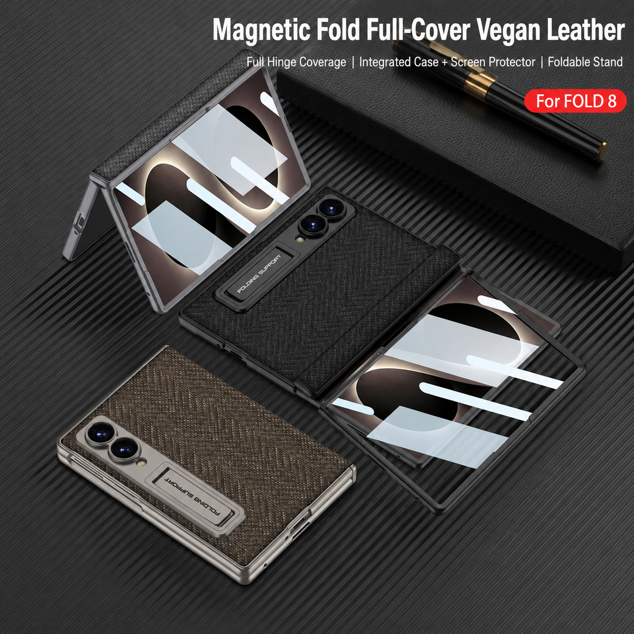 Luxurious Leather Phone Case with Built-In Tempered Glass & Bracket For Galaxy Z Fold 8/7 Wide Ultra