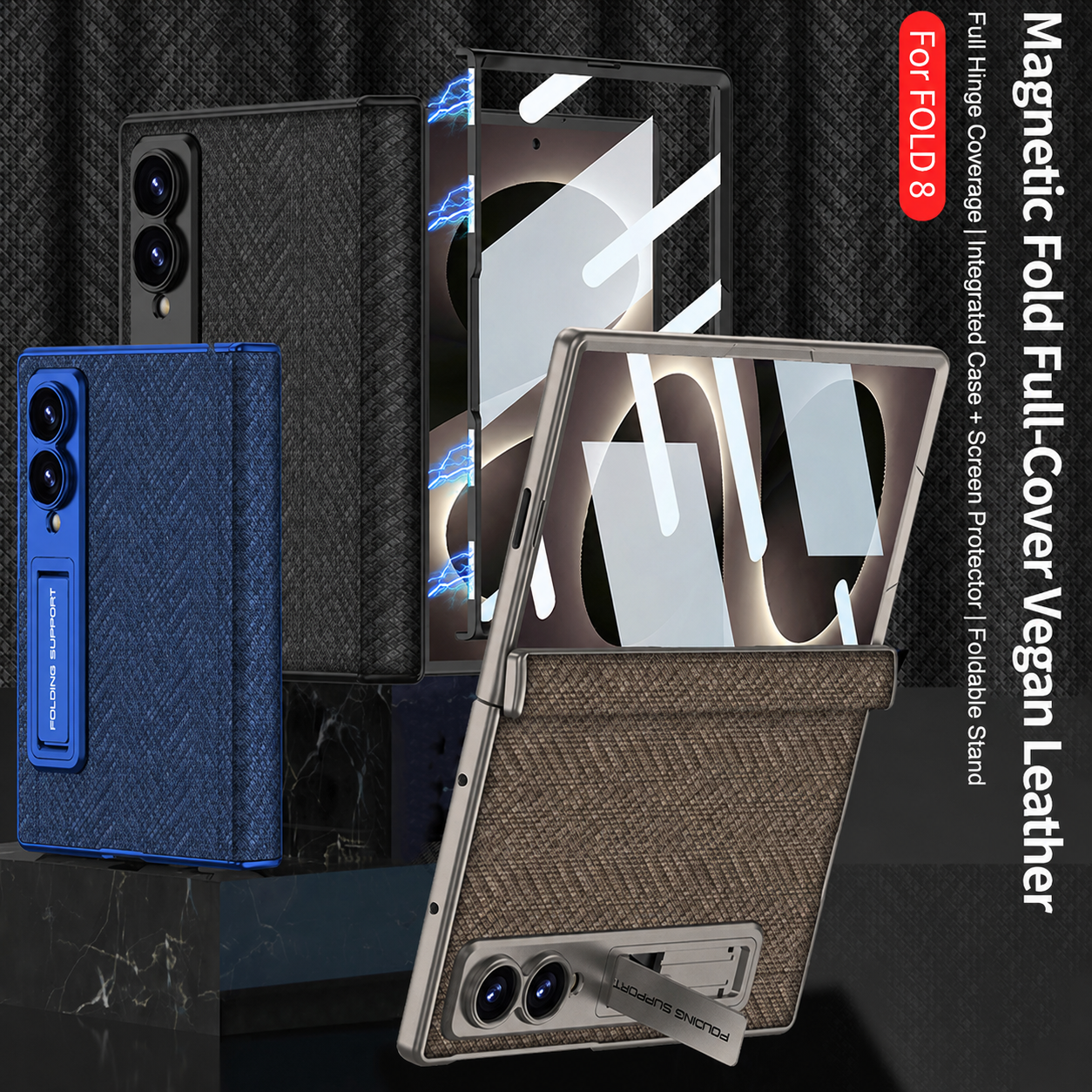 Luxurious Leather Phone Case with Built-In Tempered Glass & Bracket For Galaxy Z Fold 8/7 Wide Ultra