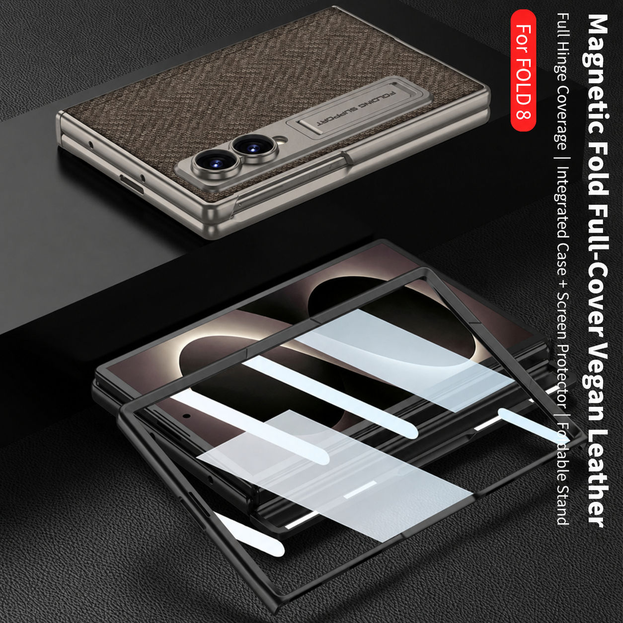 Luxurious Leather Phone Case with Built-In Tempered Glass & Bracket For Galaxy Z Fold 8/7 Wide Ultra