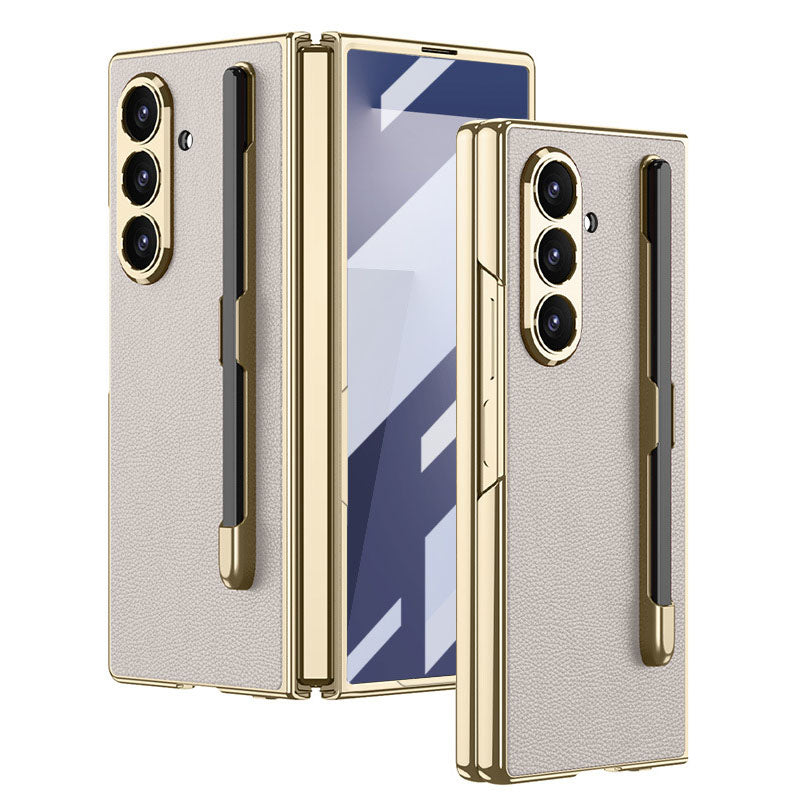 Business-style Electroplated Leather Phone Case With Pen Slot & Stylus For Galaxy Z Fold 7/6/5/4