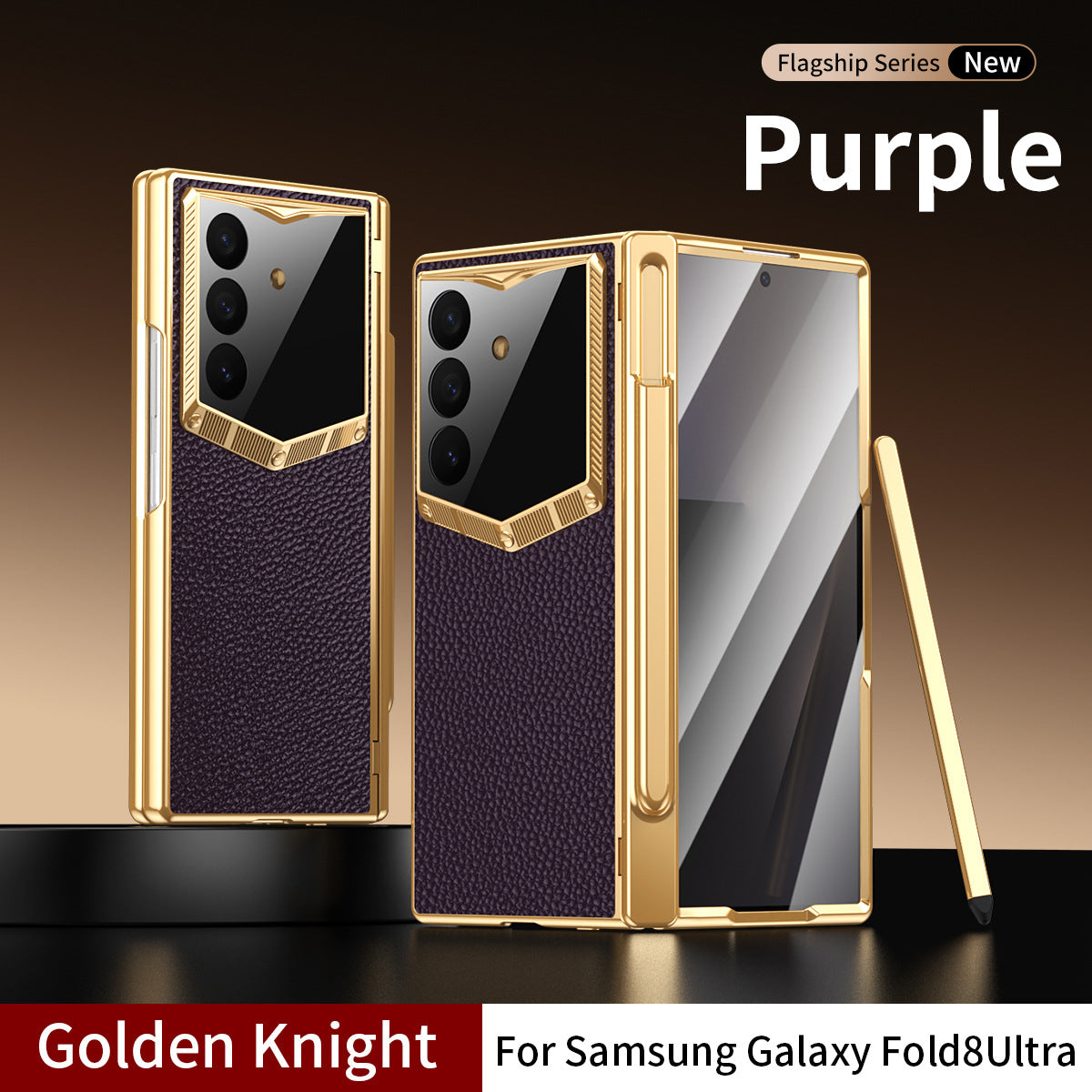Leather Case For Galaxy Z Fold8/7/6 Ultra – Golden Plating Frame, Built-In Tempered Glass Film & Pen Box