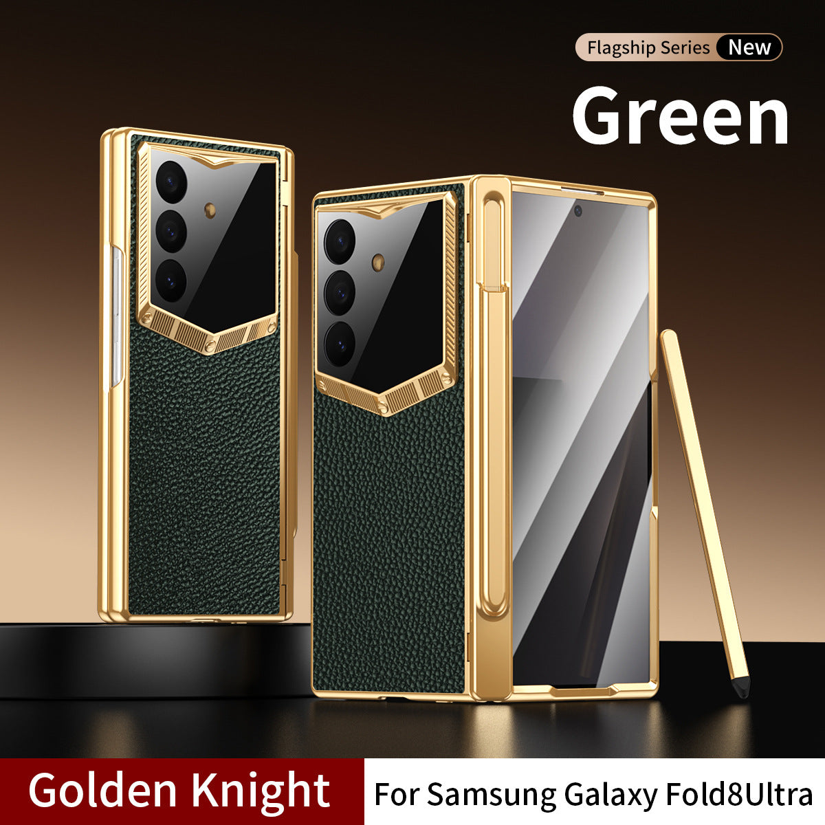 Leather Case For Galaxy Z Fold8/7/6 Ultra – Golden Plating Frame, Built-In Tempered Glass Film & Pen Box