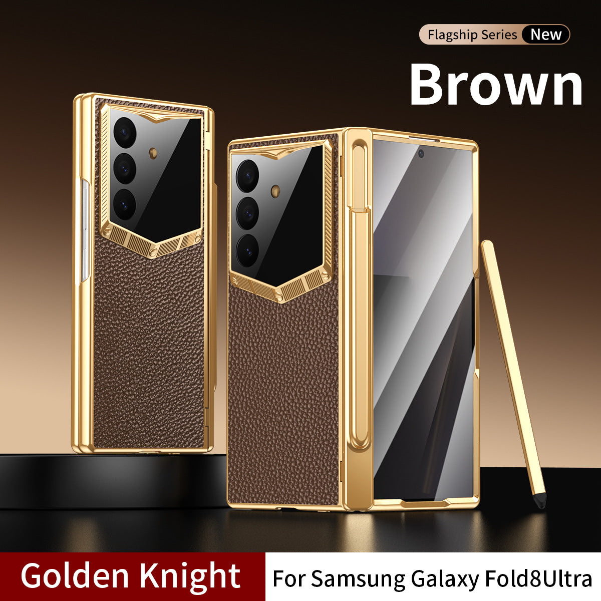Leather Case For Galaxy Z Fold8/7/6 Ultra – Golden Plating Frame, Built-In Tempered Glass Film & Pen Box