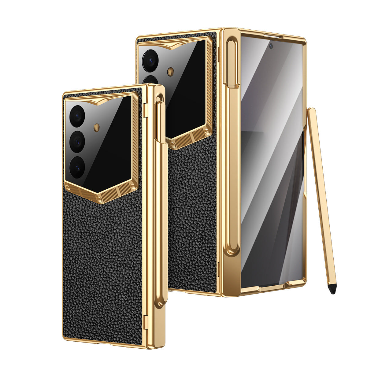 Leather Case For Galaxy Z Fold8/7/6 Ultra – Golden Plating Frame, Built-In Tempered Glass Film & Pen Box