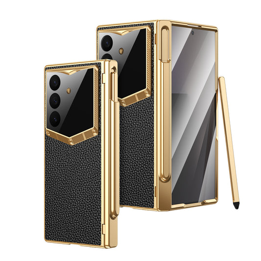 Leather Case For Galaxy Z Fold8/7/6 Ultra – Golden Plating Frame, Built-In Tempered Glass Film & Pen Box