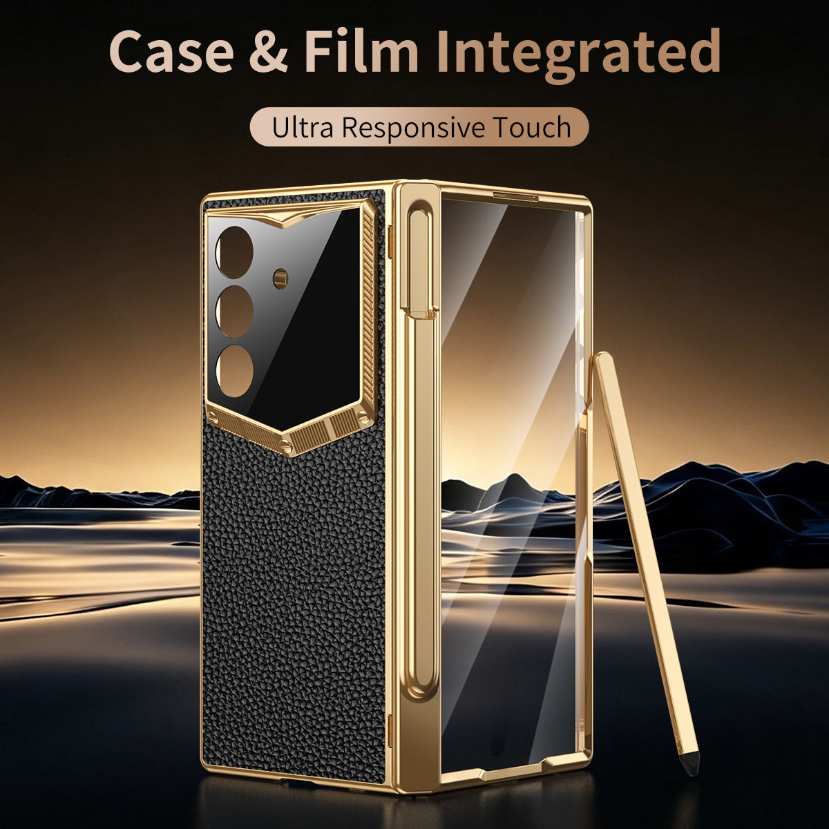 Leather Case For Galaxy Z Fold8/7/6 Ultra – Golden Plating Frame, Built-In Tempered Glass Film & Pen Box