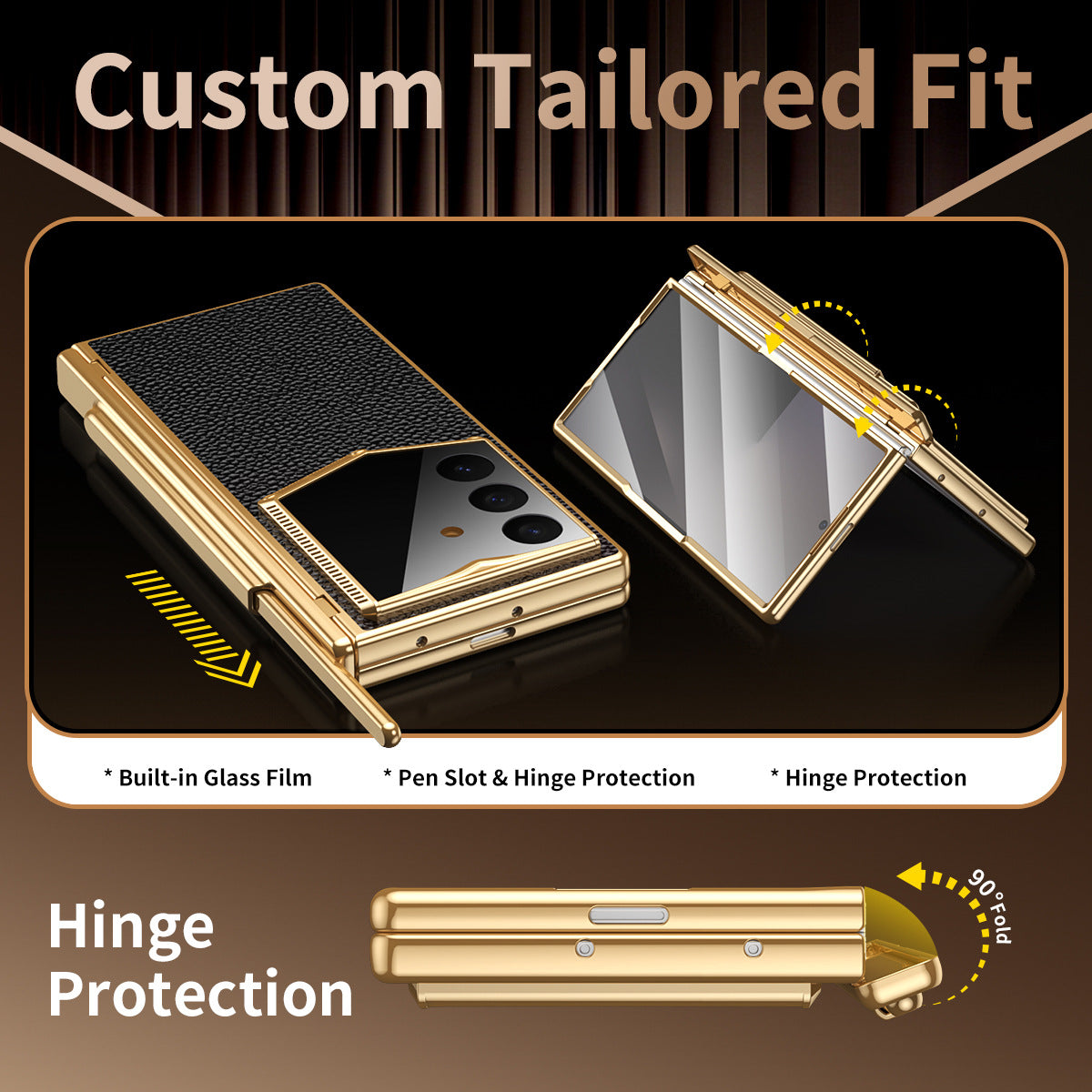 Leather Case For Galaxy Z Fold8/7/6 Ultra – Golden Plating Frame, Built-In Tempered Glass Film & Pen Box