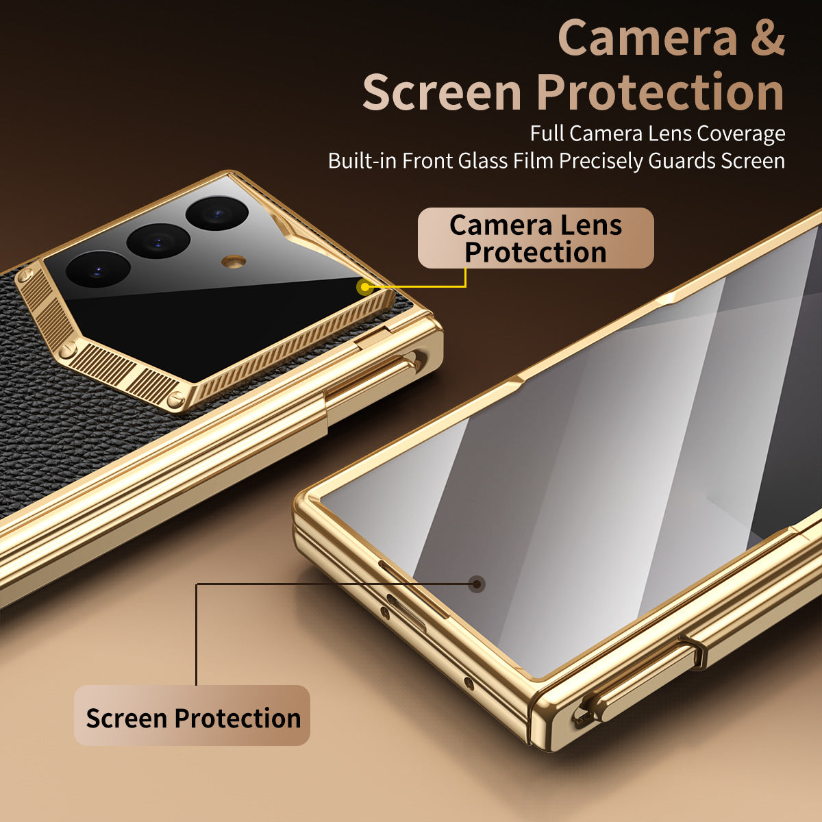 Leather Case For Galaxy Z Fold8/7/6 Ultra – Golden Plating Frame, Built-In Tempered Glass Film & Pen Box